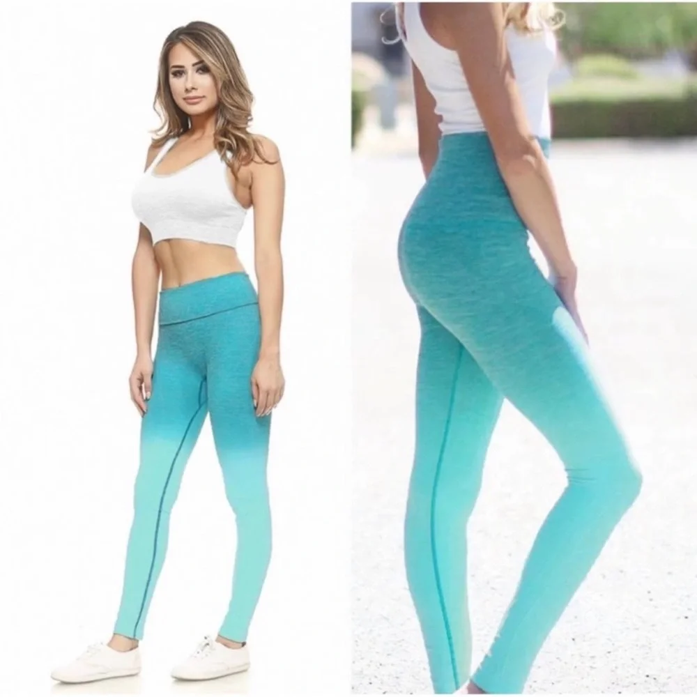 New Turquoise Dip Dye Ombré Women's Stretchy Athletic Yoga Hi Waist Leggings - Picture 2 of 2